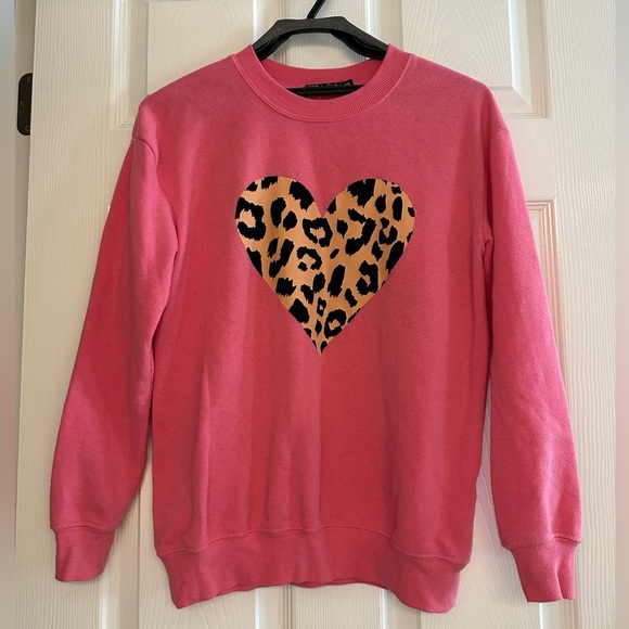Fifth Sun Pink Cheetah Print Heart Valentine’s Day Sweatshirt, Spring, Athletic - Picture 1 of 5